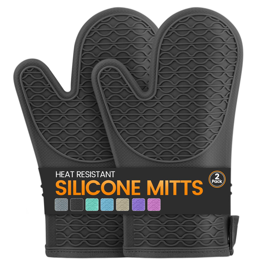 Silicone Oven Mitts, Heat Resistant 2PCS Oven Mitts with Soft Cotton Lining, Waterproof Non-Slip Grip Oven Glove, Kitchen Potholder Mits for BBQ, Baking, Cooking, 12.5 Inch - Grey