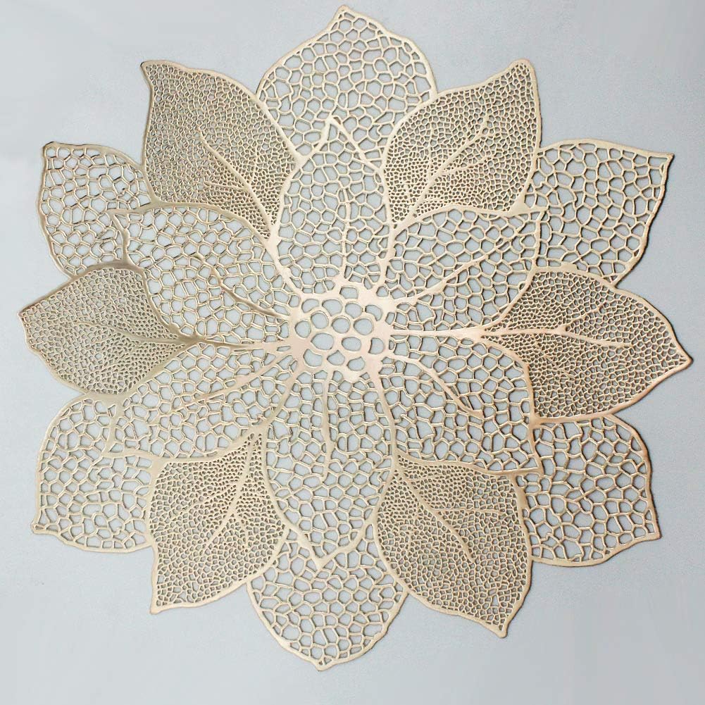 Gold Round Placemats for Dining Table Set of 6 Pressed Vinyl Metallic