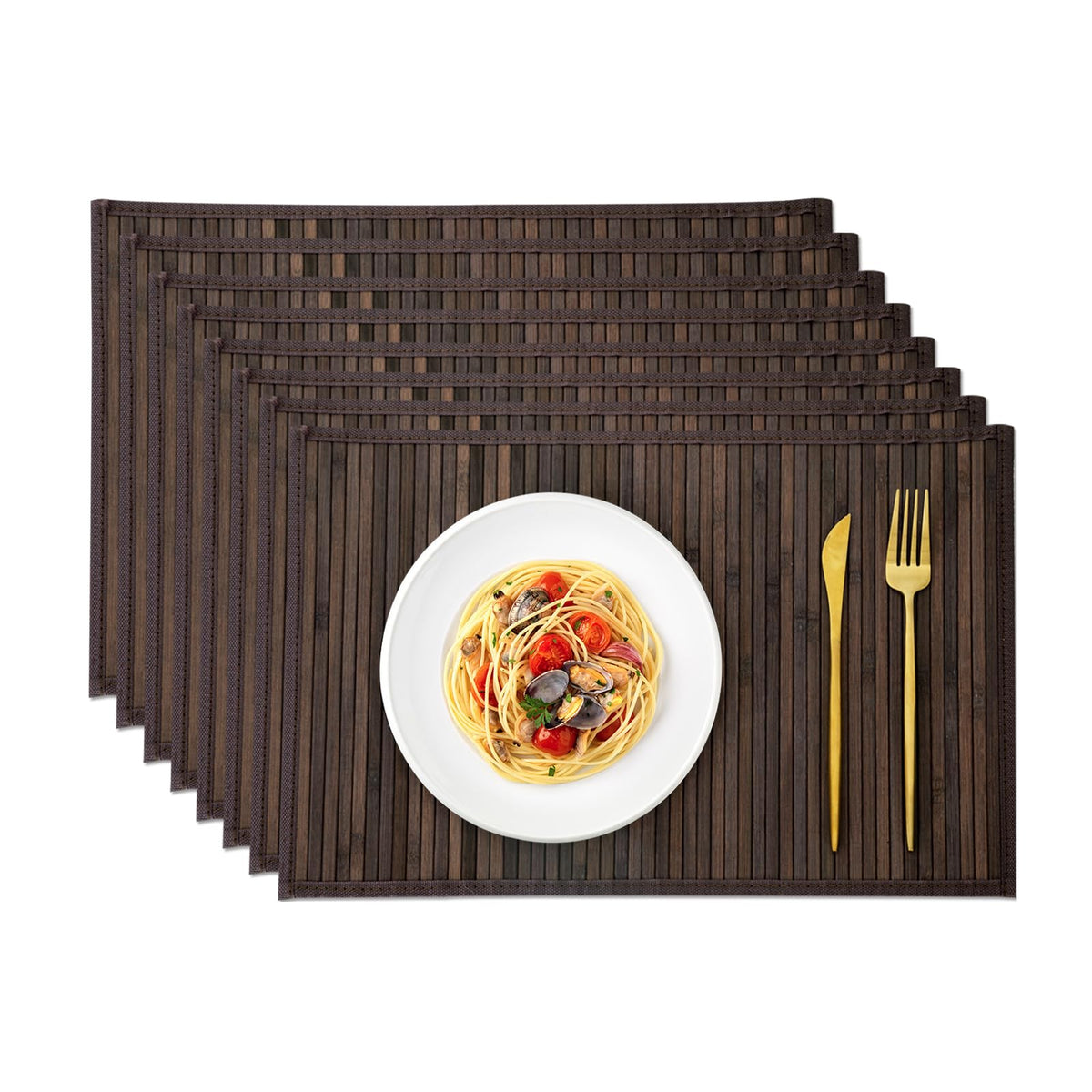 Bamboo Placemats Set of 4 with Fabric Border, Table Mats, Coffee