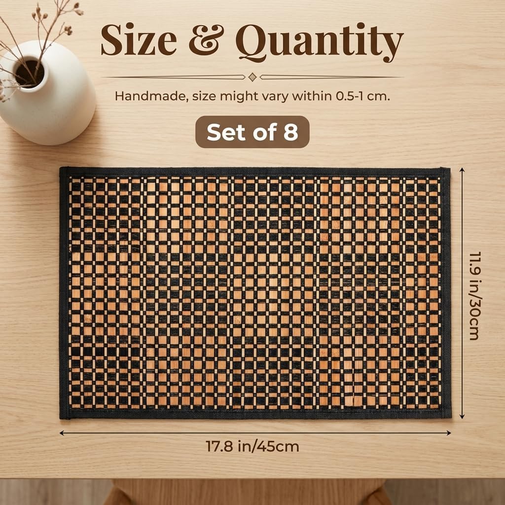 Eorbow 8 Pack Bamboo Placemats, Natural Anti-Slip Dining Table Mats, Heat-Resistant Place Mats, Japanese Style Washable Placemats for Dining Room, Kitchen, Restaurant, 18 x 12 Inch