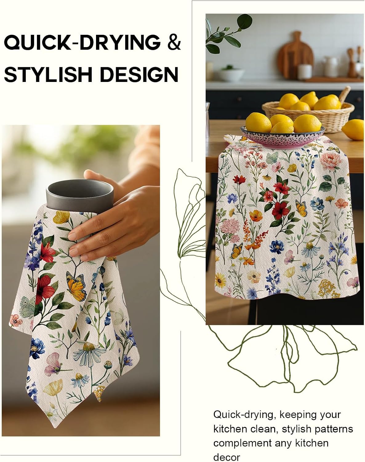 Miss Adola 150GSM Flour Sack Kitchen Towels Set of 2, Vintage Flower