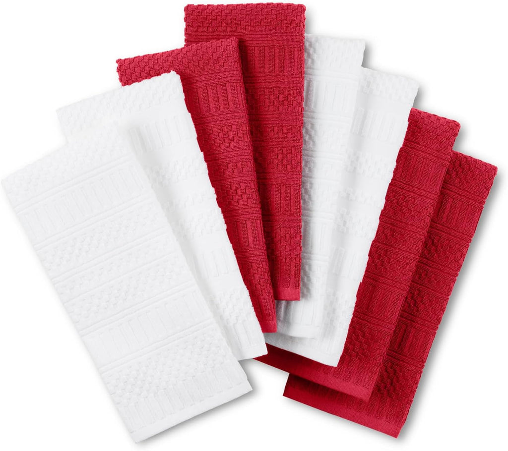 KitchenAid Cotton Classics Textured Solid Kitchen Towels 8-Pack, Absorbent 100% Cotton, Passion Red/White, 17”x28”