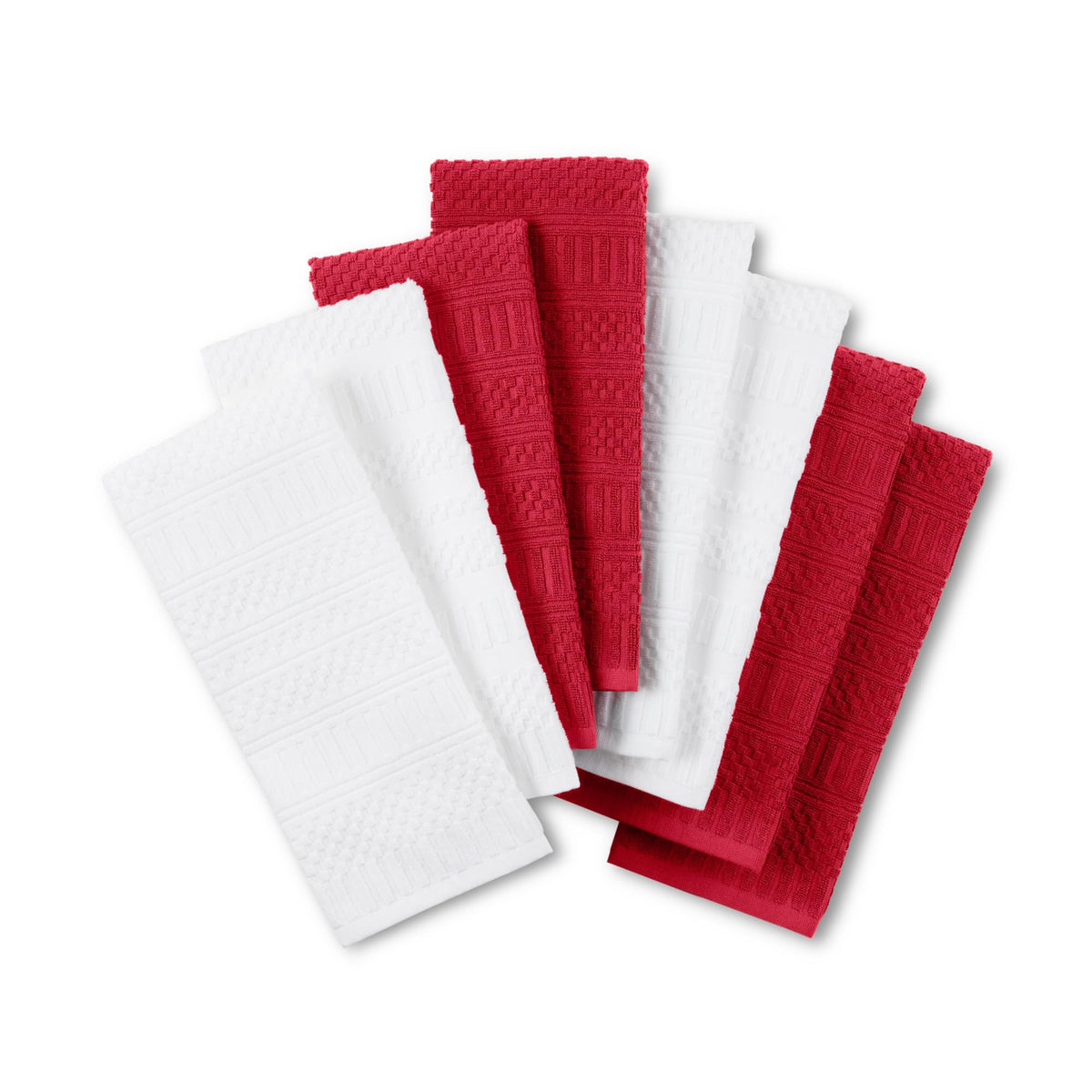 KitchenAid Cotton Classics Textured Solid Kitchen Towels 8-Pack, Absorbent 100% Cotton, Passion Red/White, 17”x28”