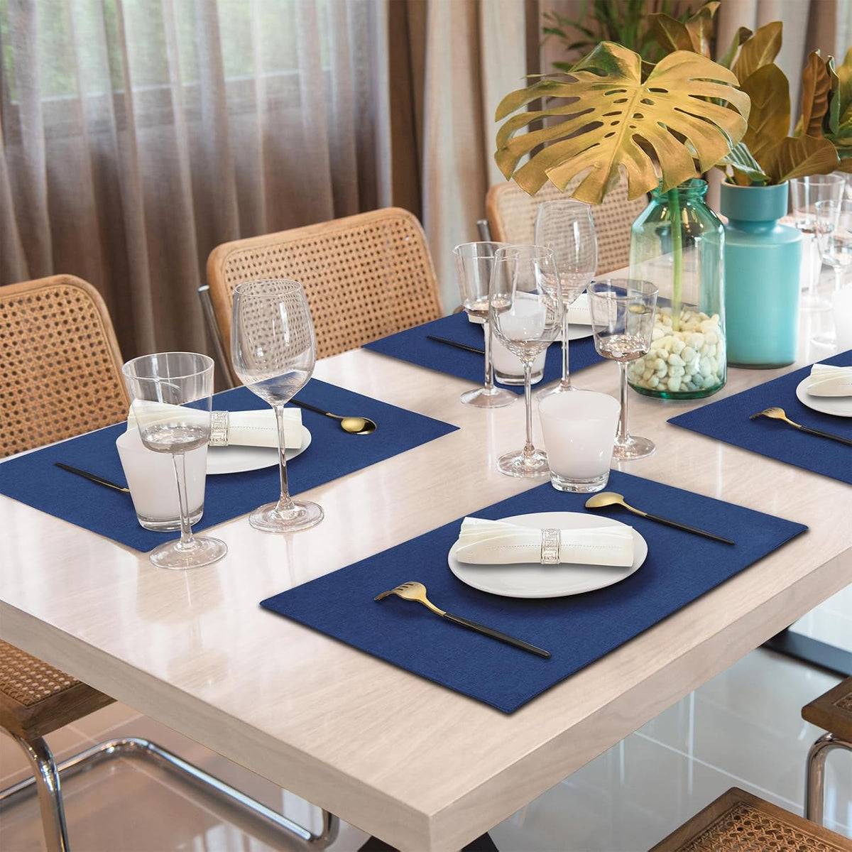 Cloth Placemats Set of 6, Cotton Linen Blend Place Mats, Navy Blue