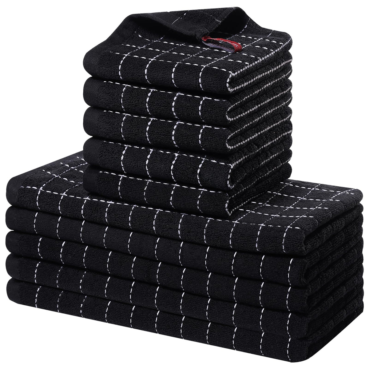 Homaxy Cotton Terry Kitchen Towels and Dishcloths Set of 8, Black