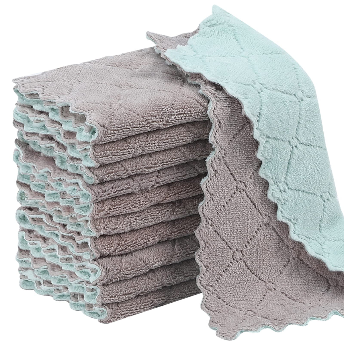 Rachan 22Pack Kitchen Dish Cloths,Reusable Dish Towels,Nonstick Oil Washable Fast Drying,Super Absorbent Coral Velvet Cleaning Cloths for Cleaning Tableware,Kitchen,Bathroom (Green-grey10 x 6")
