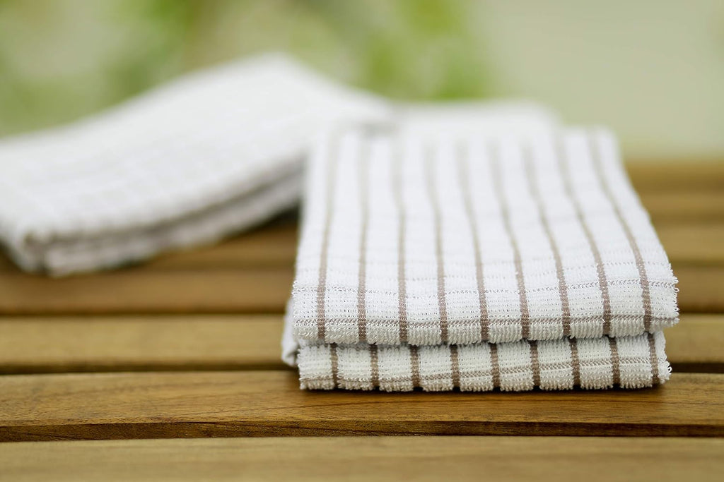 AMOUR INFINI Kitchen Towels Set of 4 - Highly Absorbent, Super Soft Terry Cotton 20x28 Inch Dish Towels with Hanging Loop - Hand & Tea Towels for Cleaning & Drying Dishes (Beige)