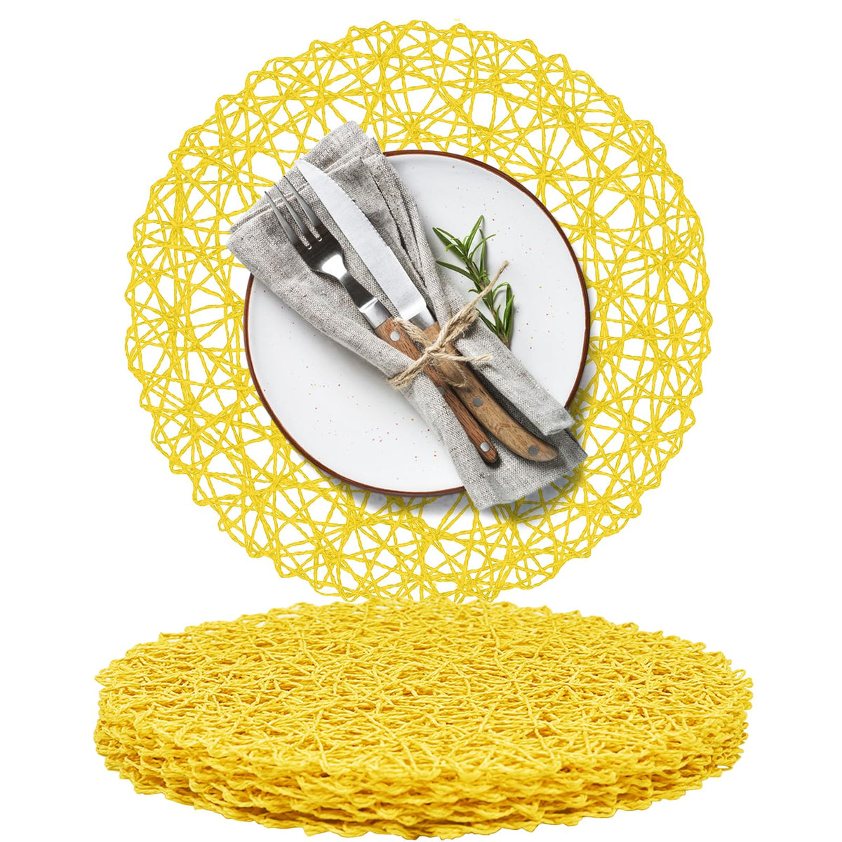 AHHFSMEI Paper Braided Round Placemats Set of 8 Natural Non-Slip Heat Resistant Table Mats for Dining Tables Woven Indoor & Outdoor Place mats(Coffee,8)
