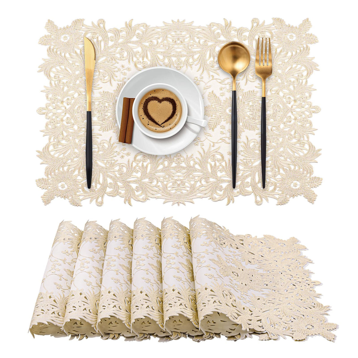Gold Rectangle Placemats Set of 6 Daisy Vinyl Place Mats for Dining Tables