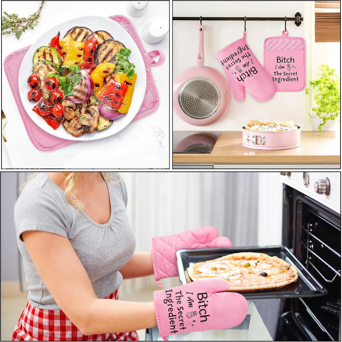 6Pcs Funny Oven Mitts Pot Holders Baking Gift, I Am The Secret Ingredient Resistant Hot Pad Machine Washable Gloves with Hanging Pocket Potholder for Friend Women Gift for Love Kitchen Cooking