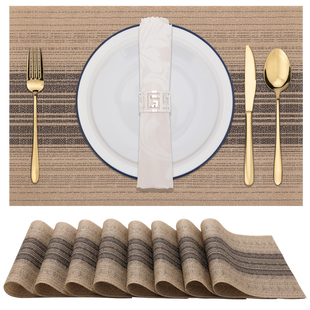 Winknowl Placemats Set of 8, Heat Resistant Non-Slip Vinyl Woven Table Mats for Dining Table, Washable Durable Elegant Place Mats for Kitchen Indoor/Outdoor Use (Beige Blue)
