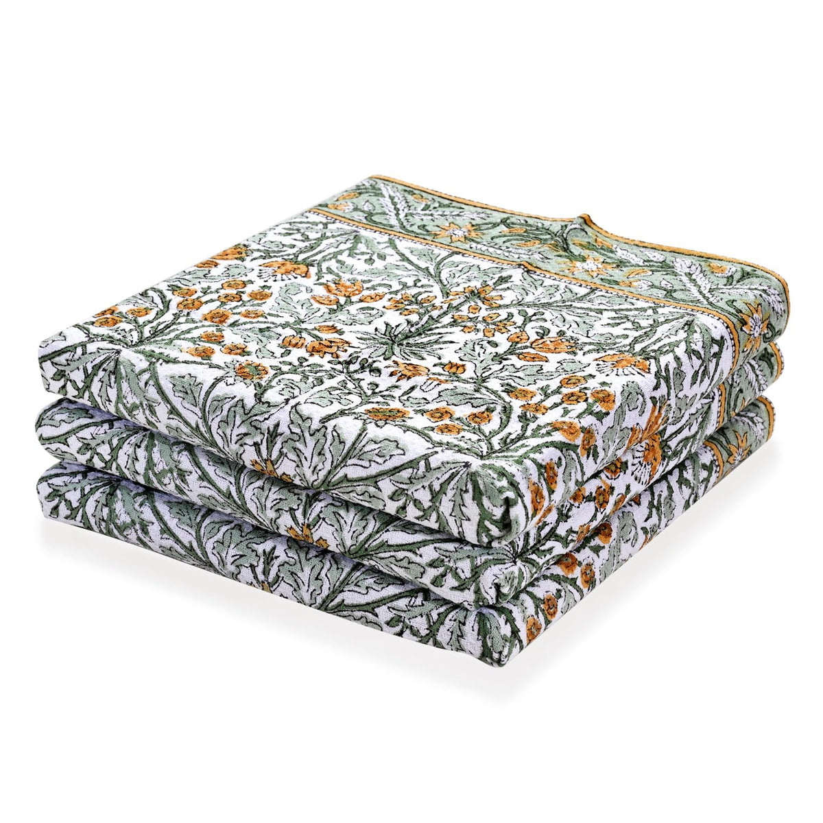 Ridhi Asparagus Green Hand Block Print Cotton Kitchen Towels, 16x28 Inch