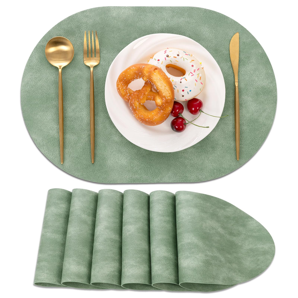 SHACOS Faux Leather Oval Placemats Set of 6 Heat Resistant, White Oak Beige