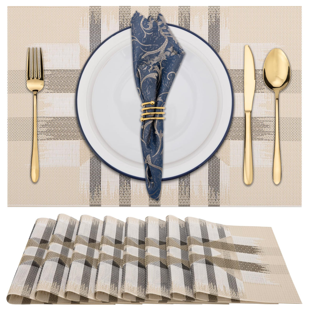 Winknowl Placemats Set of 8, Heat Resistant Non-Slip Vinyl Woven Table Mats for Dining Table, Washable Durable Elegant Place Mats for Kitchen Indoor/Outdoor Use (Beige Blue)