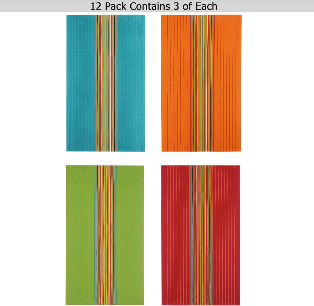 COTTON CRAFT Salsa Stripe Kitchen Towels - 12 Pack 100% Cotton Dish Cloth