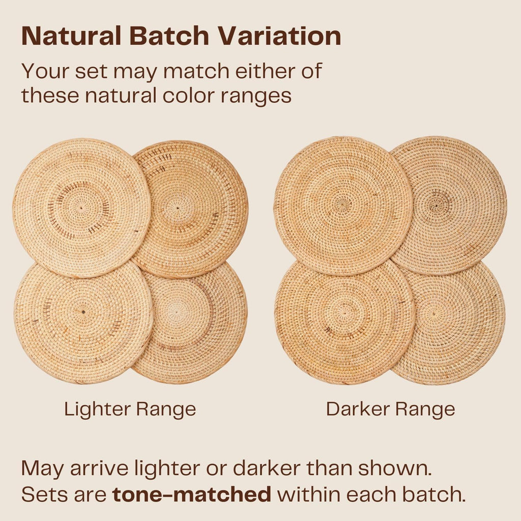 4-Pack Rattan Placemats - 13-inch Round Placemats (Natural Rattan Color) - Woven Place Mats, Round Table Mats - Wicker Chargers for Dinner Plates, Plate Chargers Boho