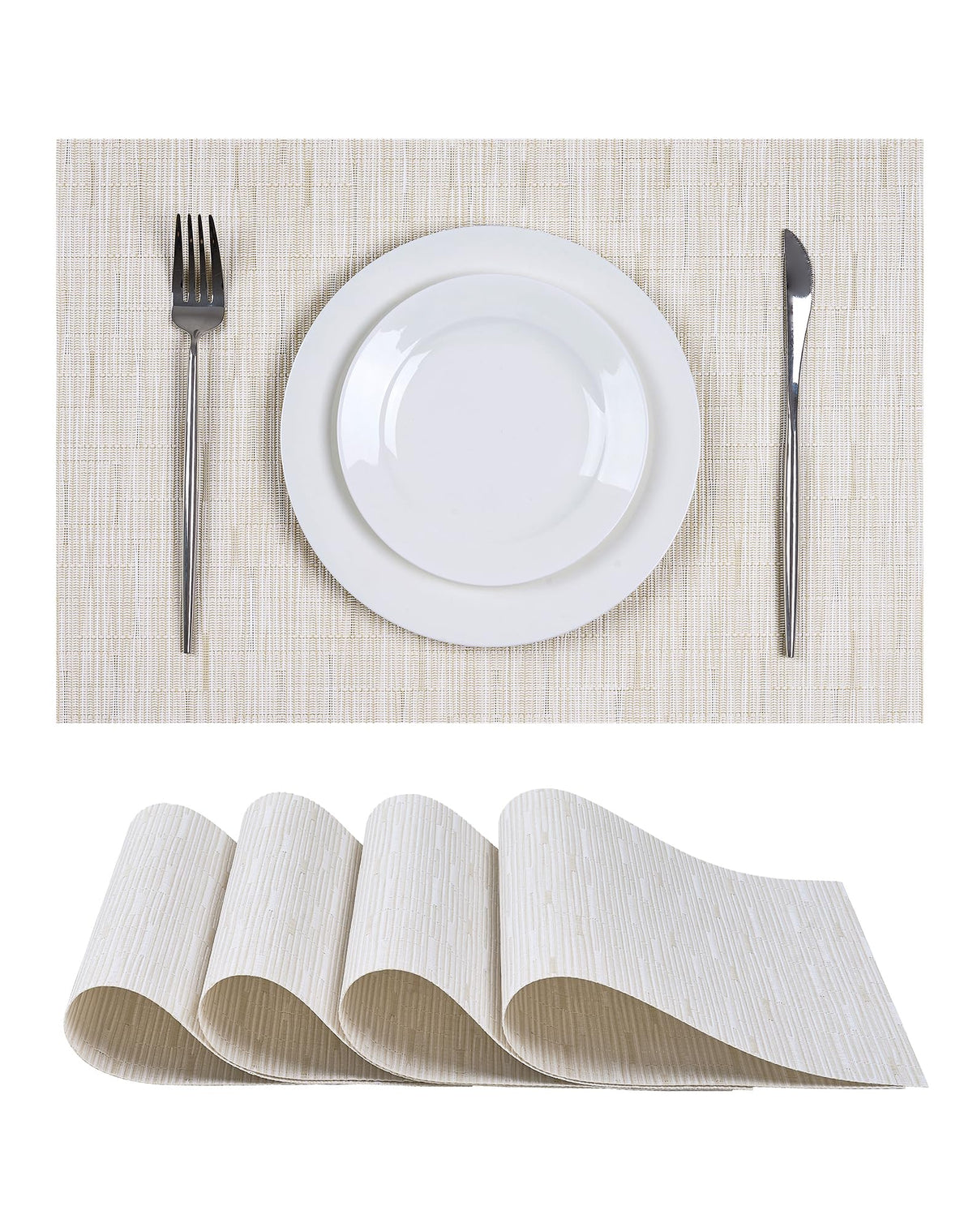 Beige Placemats Set of 6 - Heat-Resistant, Non-Slip Table Mats, Washable Woven Vinyl for Indoor & Outdoor Dining