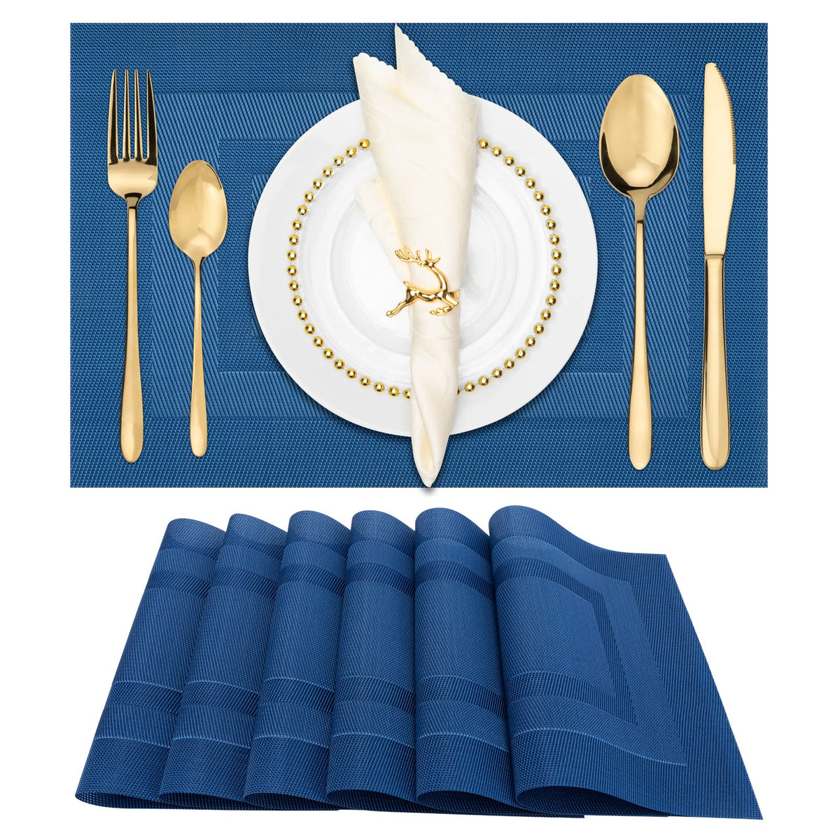 Winknowl Placemats Set of 8, Heat Resistant Non-Slip Vinyl Woven Table Mats for Dining Table, Washable Durable Elegant Place Mats for Kitchen Indoor/Outdoor Use (Beige Blue)