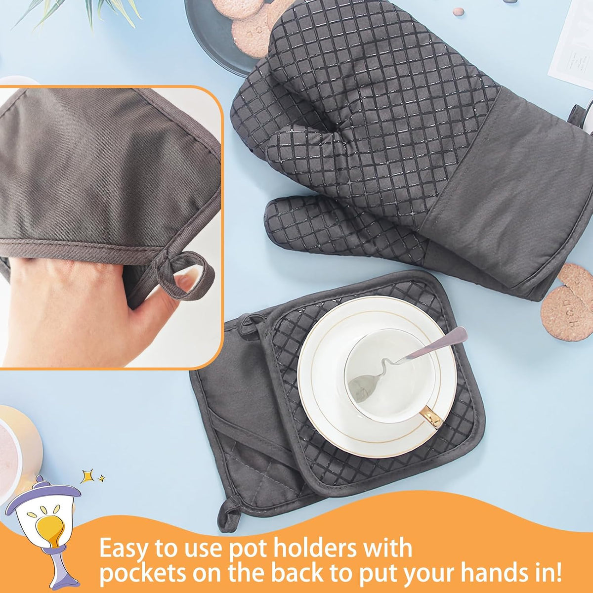4 Pcs Oven Mitts and Pot Holders,High Heat 500°F Resistant Glove Potholder with Thick Cotton,Silicone Non-Slip Surface Long Kitchen Oven Glove for Cooking Baking Grilling(Grey)
