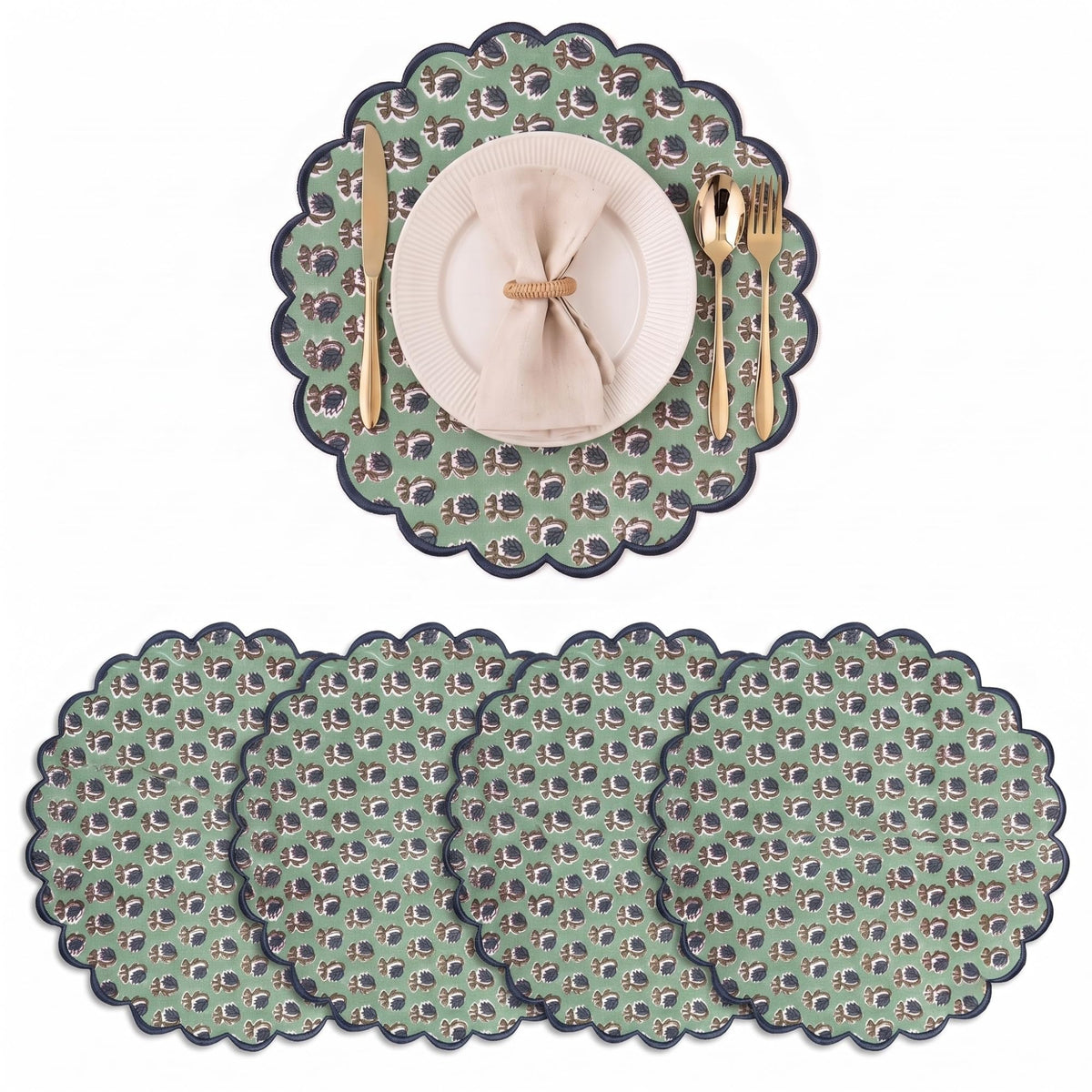 Ridhi Floral Block Print Round Placemats 15" in, Set of 4, Powder Blue