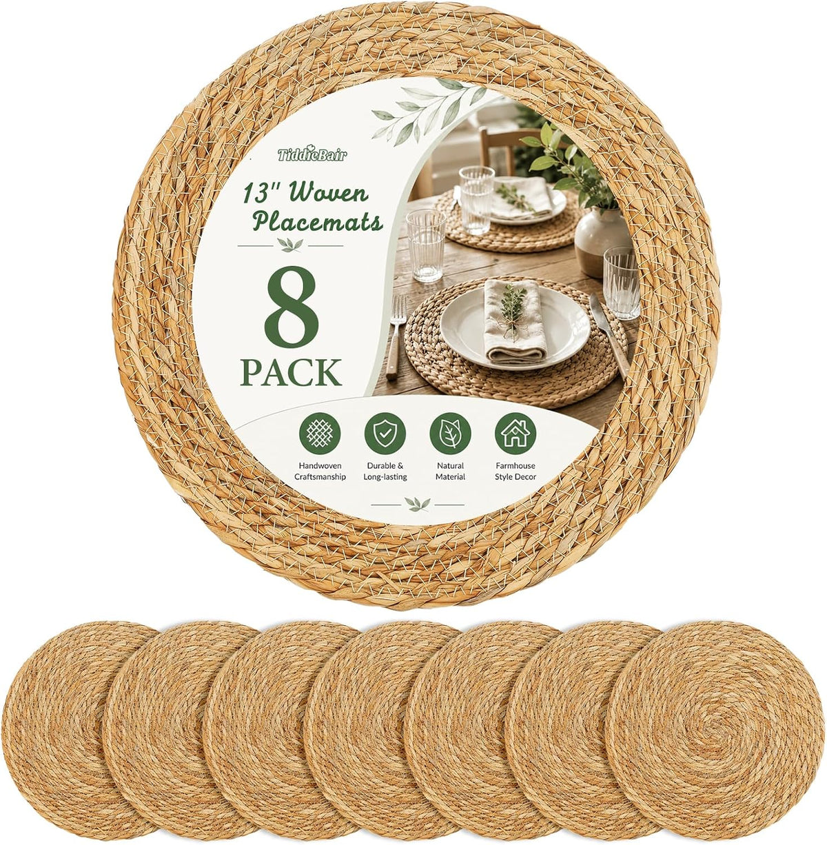 8PCS -13 in Round Woven Placemats Plate Chargers, Boho Farmhouse Rustic Woven Place Mats for Kitchen Dining Party Table Decor, Rattan Wicker Table Mats Jute Braided Chargers for Dinner Plates
