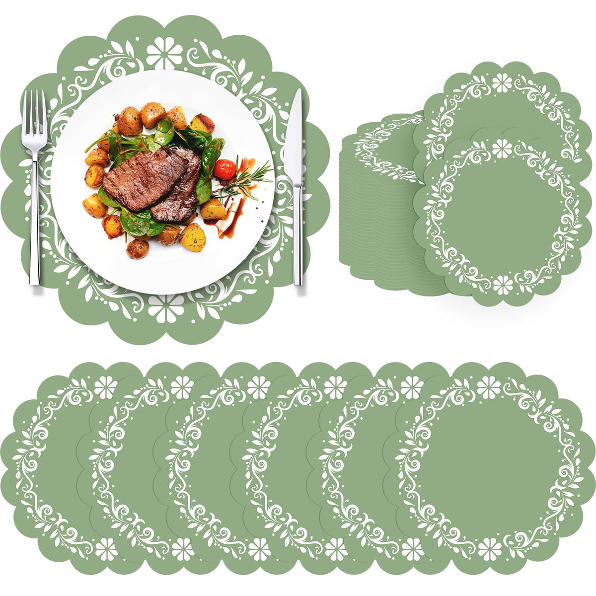 100 Pcs Fall Floral Paper Placemats 13.5 Inches Scalloped Brown Floral Paper Placemats Disposable Autumn Wildflower Place Mats for Wedding Bridal Baby Shower Thanksgiving Harvest Party Supplies