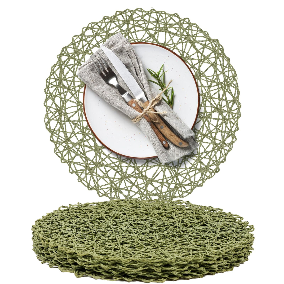 AHHFSMEI Paper Braided Round Placemats Set of 8 Natural Non-Slip Heat Resistant Table Mats for Dining Tables Woven Indoor & Outdoor Place mats(Coffee,8)