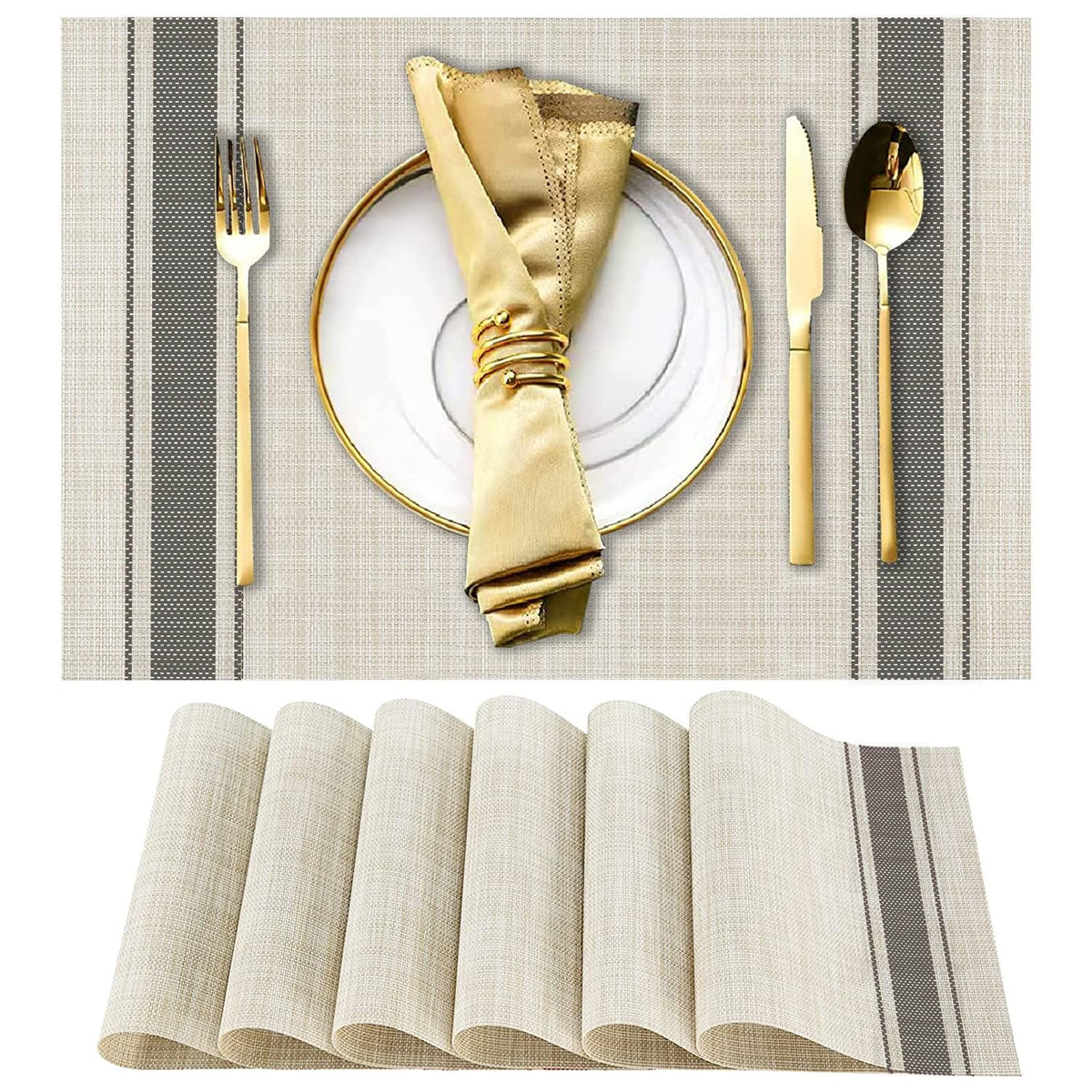 DACHUI Placemats Set of 6, Linen Look Woven Place Mats (Beige)