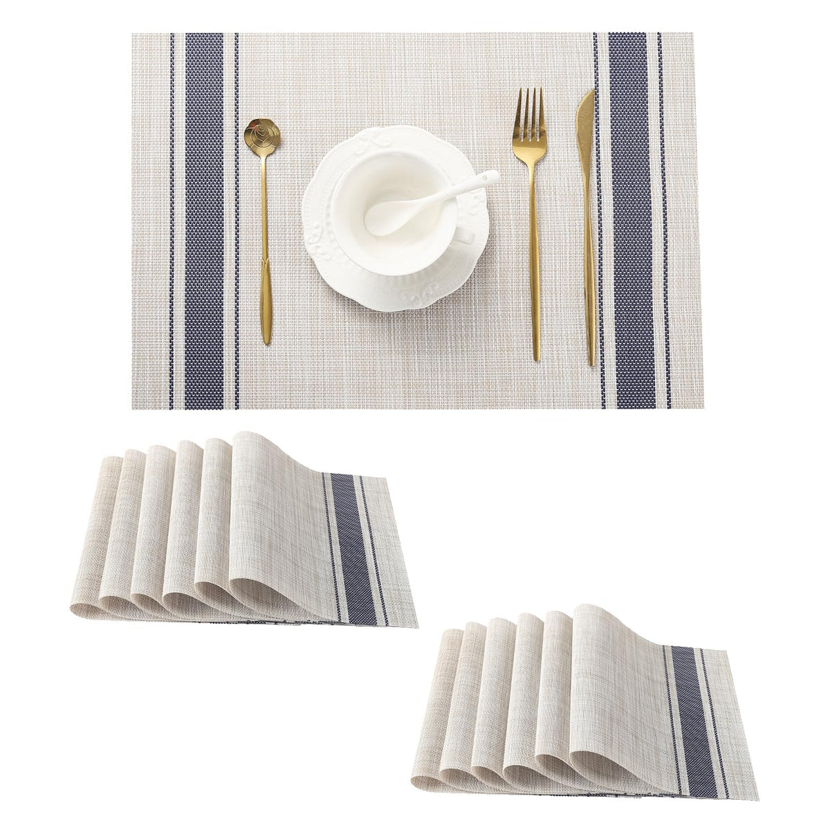 Beige White Placemats Set of 4 - Heat Resistant Non-Slip Place mats for Dining Table, Washable Durable PVC Vinyl Woven Table Mats(Beige White, 4)
