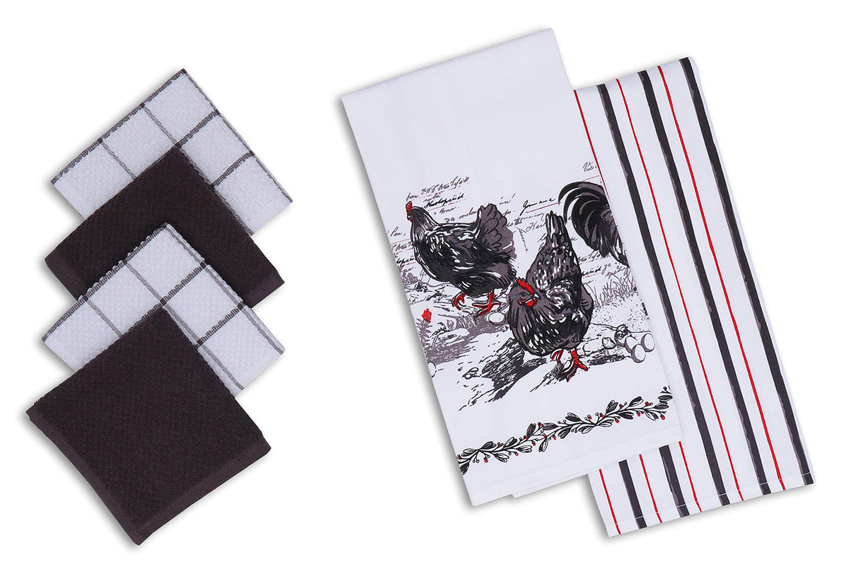 AMOUR INFINI Cotton Kitchen Towels and Dishcloths 6 Piece - 4 Terry Dishcloths (12” x 12”) and 2 Cotton Kitchen Towels (28” x 18”) for Gifting and Decor (Herbs Garden)