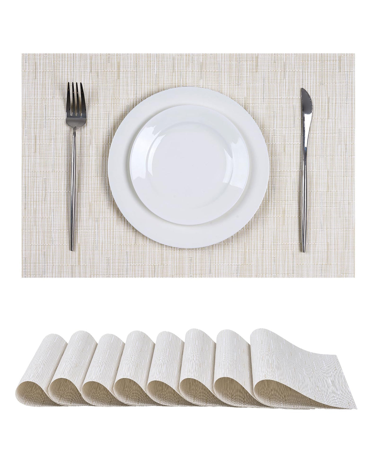 Beige Placemats Set of 6 - Heat-Resistant, Non-Slip Table Mats, Washable Woven Vinyl for Indoor & Outdoor Dining