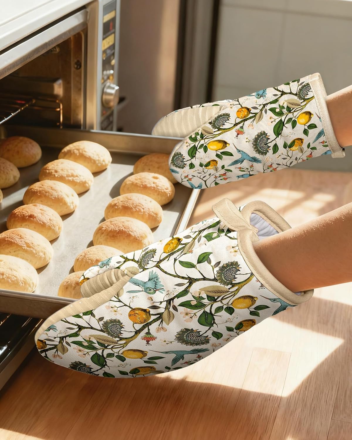 100% Thick Cotton Mini Oven Mitts Silicone Grip Lemon & Birds