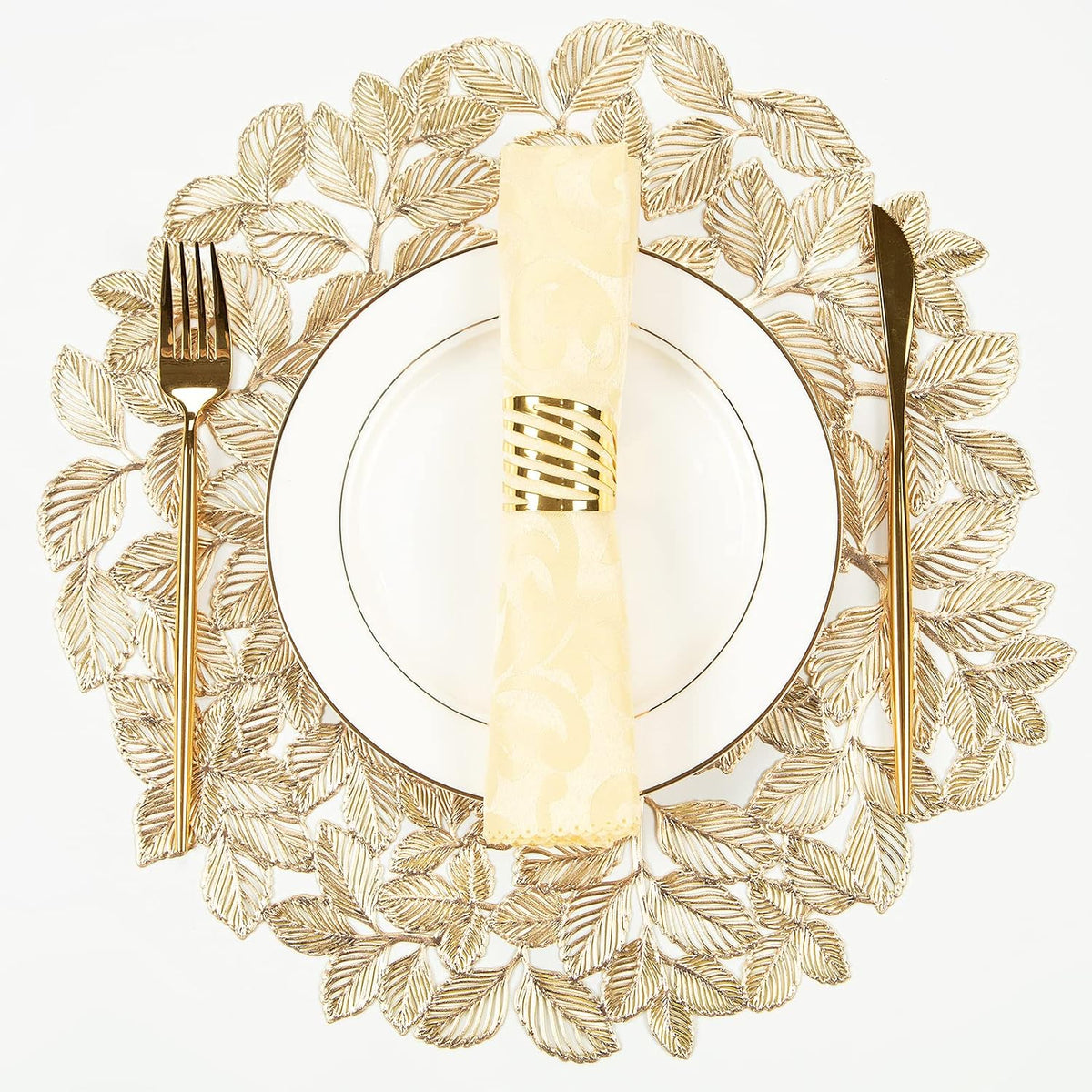 Gold Leaf Placemats Set of 8 Metallic Round Table Placemats