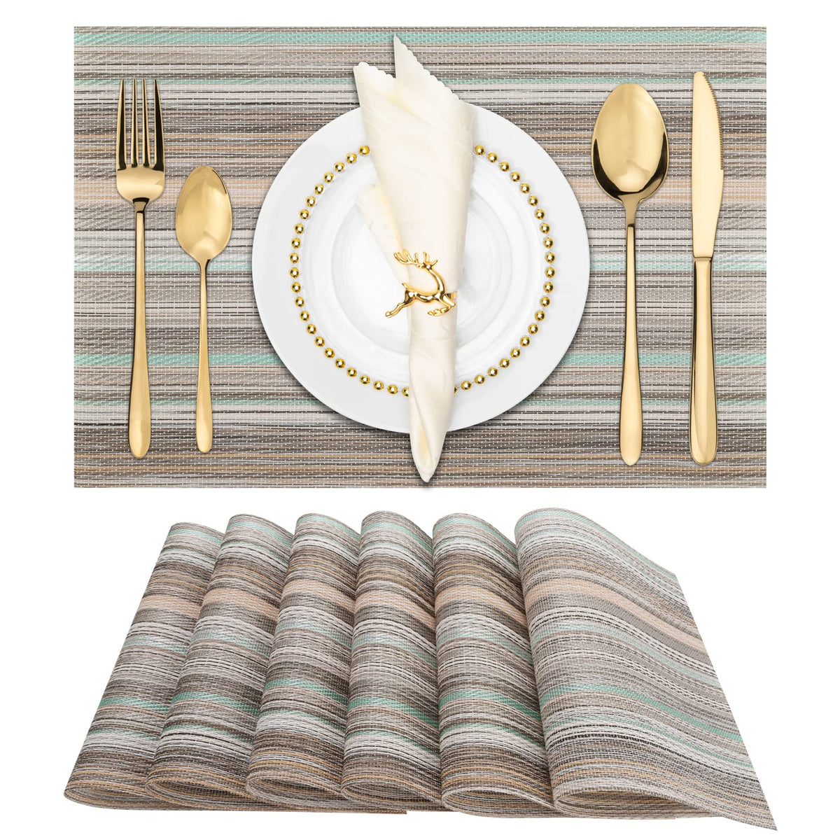 Winknowl Placemats Set of 8, Heat Resistant Non-Slip Vinyl Woven Table Mats for Dining Table, Washable Durable Elegant Place Mats for Kitchen Indoor/Outdoor Use (Beige Blue)