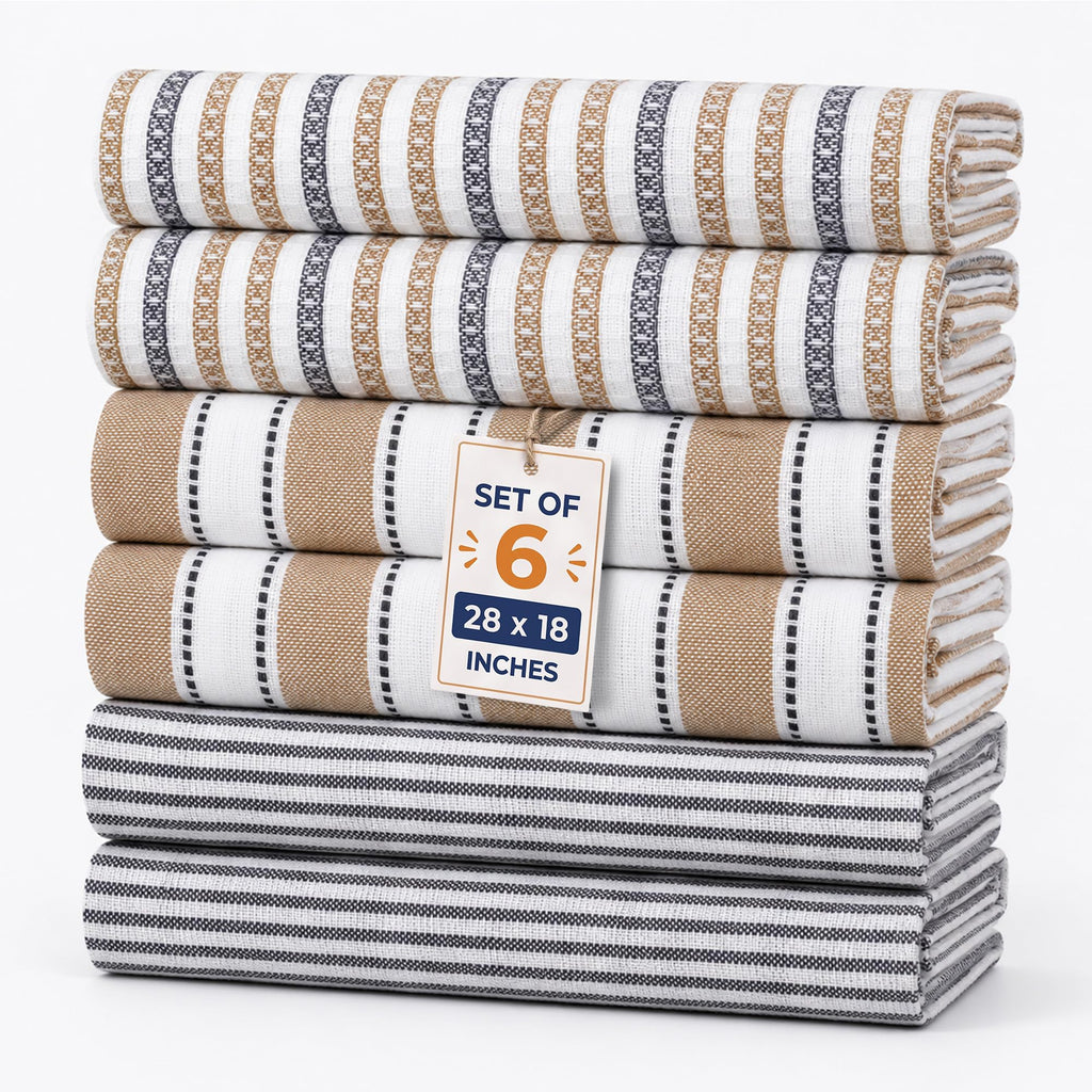 Pack of 6 Cotton Kitchen Towels Set, Dish Towels, Cleaning Rags, Kitchen Dish Cloths for Washing Dishes, Cotton Cleaning Cloths, Ultra Soft, Lightweight & Quick Dry, Flat Weave, 28"x18" (Olive & Gray)