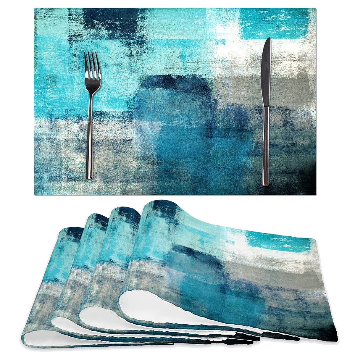 Blue and Grey Placemats Set of 4 Modern Abstract Art Placemats Heat Resistant Non-Slip Artwork Dining Placemats Washable Table Mats for Home Kitchen (Blue and Grey, 18"X12")
