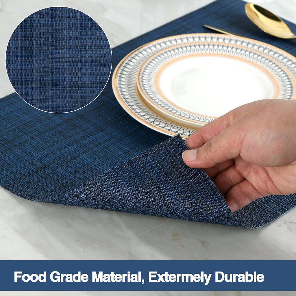 SLKQG Navy Blue Placemats Set of 6 - Easy Clean Washable Vinyl Placemats - Wipeable Heat Resistant Table Mats for Dining Table - 17x12 Inch (Navy Blue, 6)