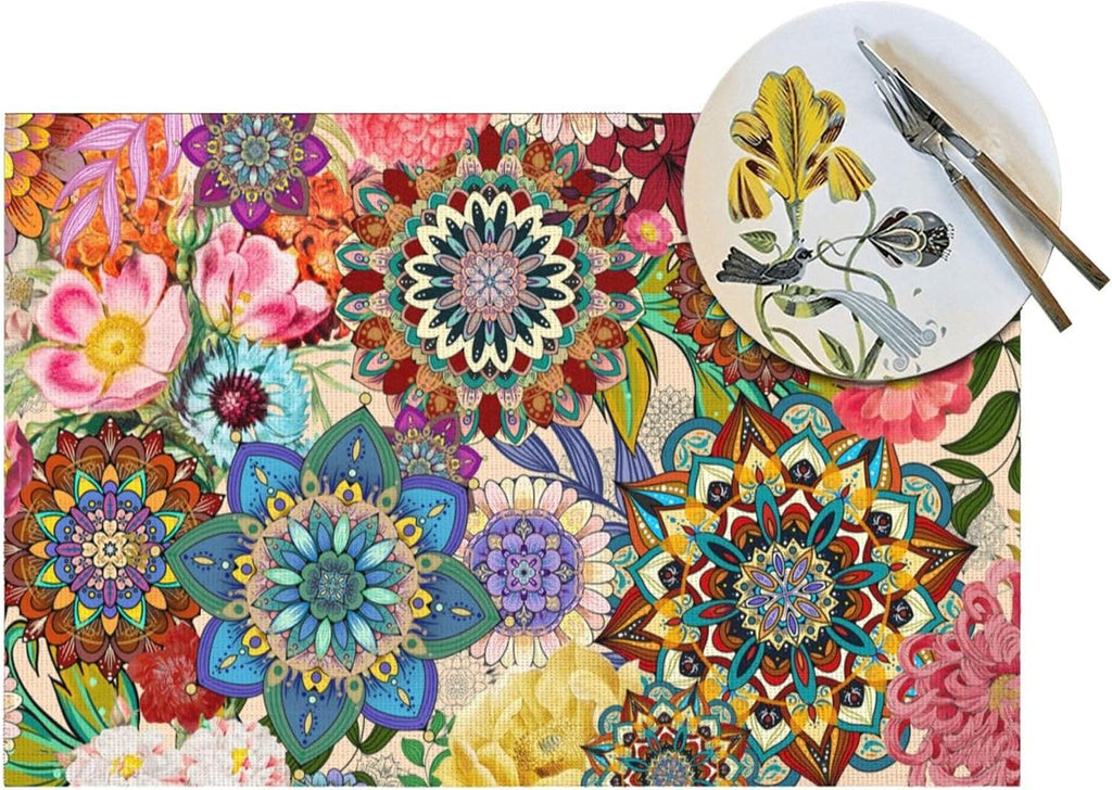 Boho Floral Placemats Set of 4, Colorful Dining Table Mats 12"x18"