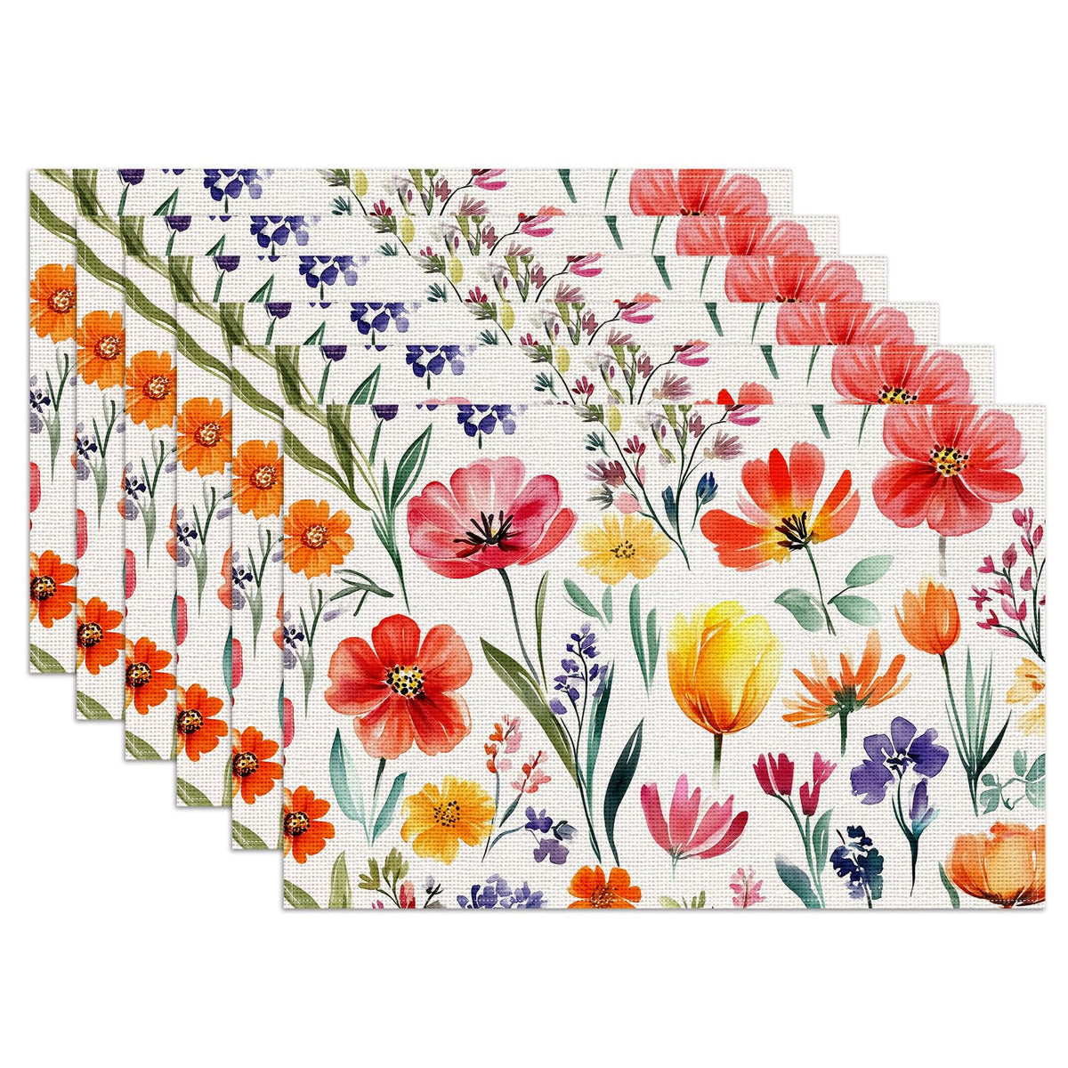 Blue White Floral Placemats Set of 6, Chinoiserie Flower Linen Place Mat Washable Stain Resistant Table Mats for Farmhouse Kitchen Dining 12x18 Inch