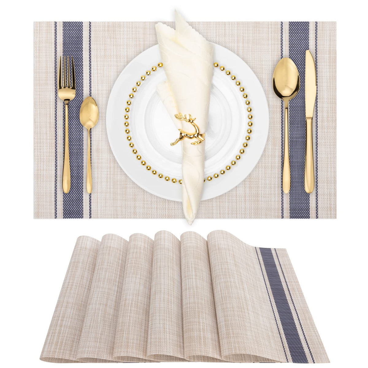 Winknowl Placemats Set of 8, Heat Resistant Non-Slip Vinyl Woven Table Mats for Dining Table, Washable Durable Elegant Place Mats for Kitchen Indoor/Outdoor Use (Beige Blue)