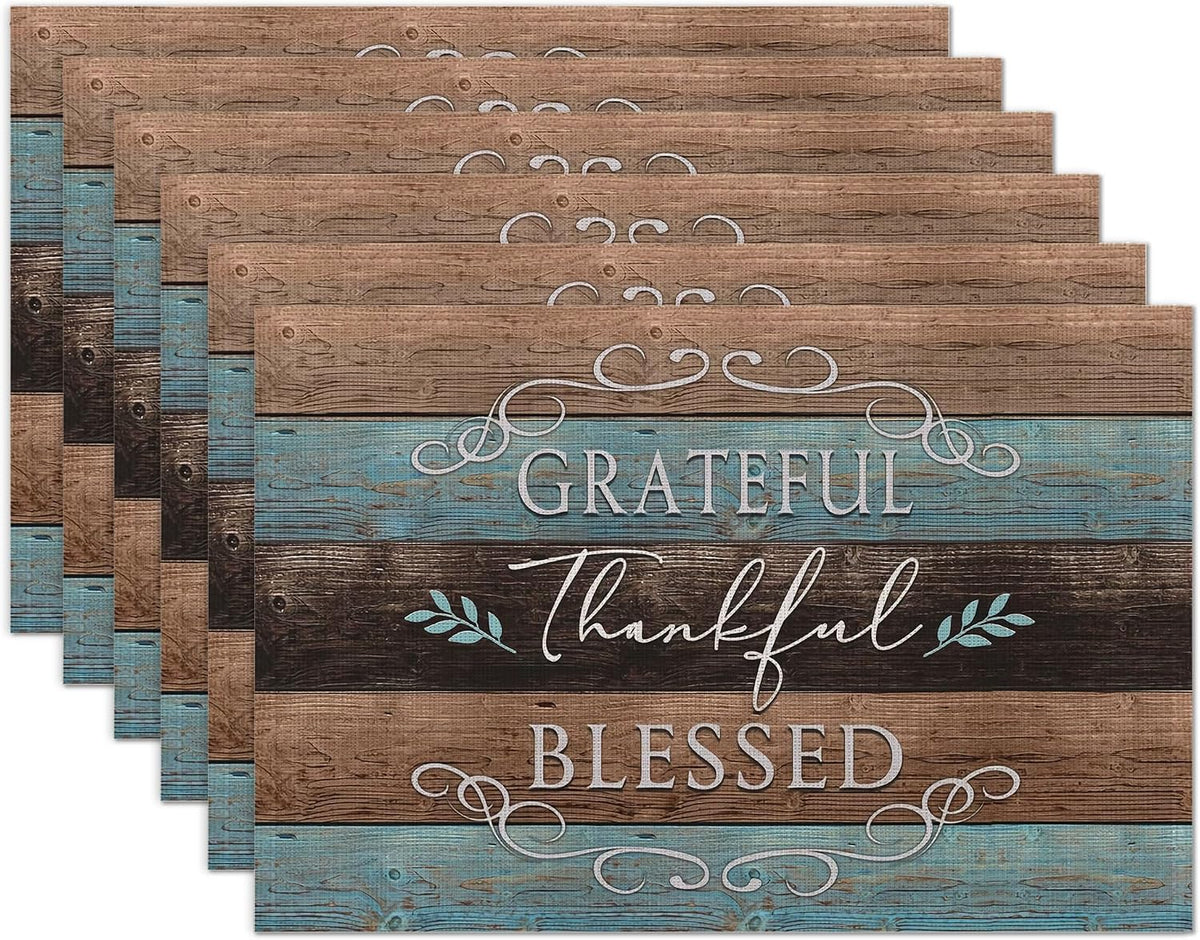Thankful Grateful Blessed Placemats Set of 6 Place Mats for Kitchen Table Washable Farmhouse Linen Table Mats Dining Decoration 12x18 Inch