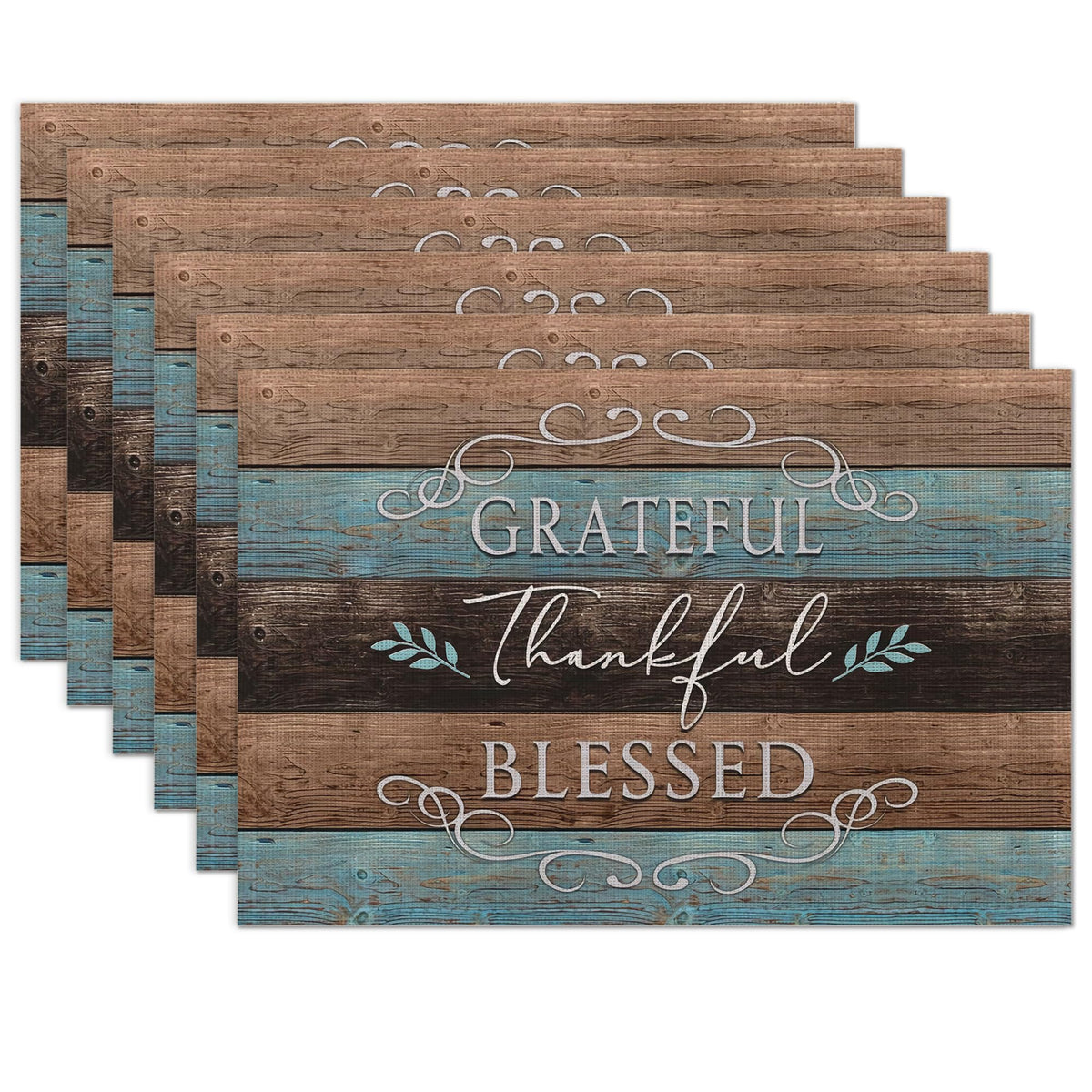 Thankful Grateful Blessed Placemats Set of 6 Place Mats for Kitchen Table Washable Farmhouse Linen Table Mats Dining Decoration 12x18 Inch