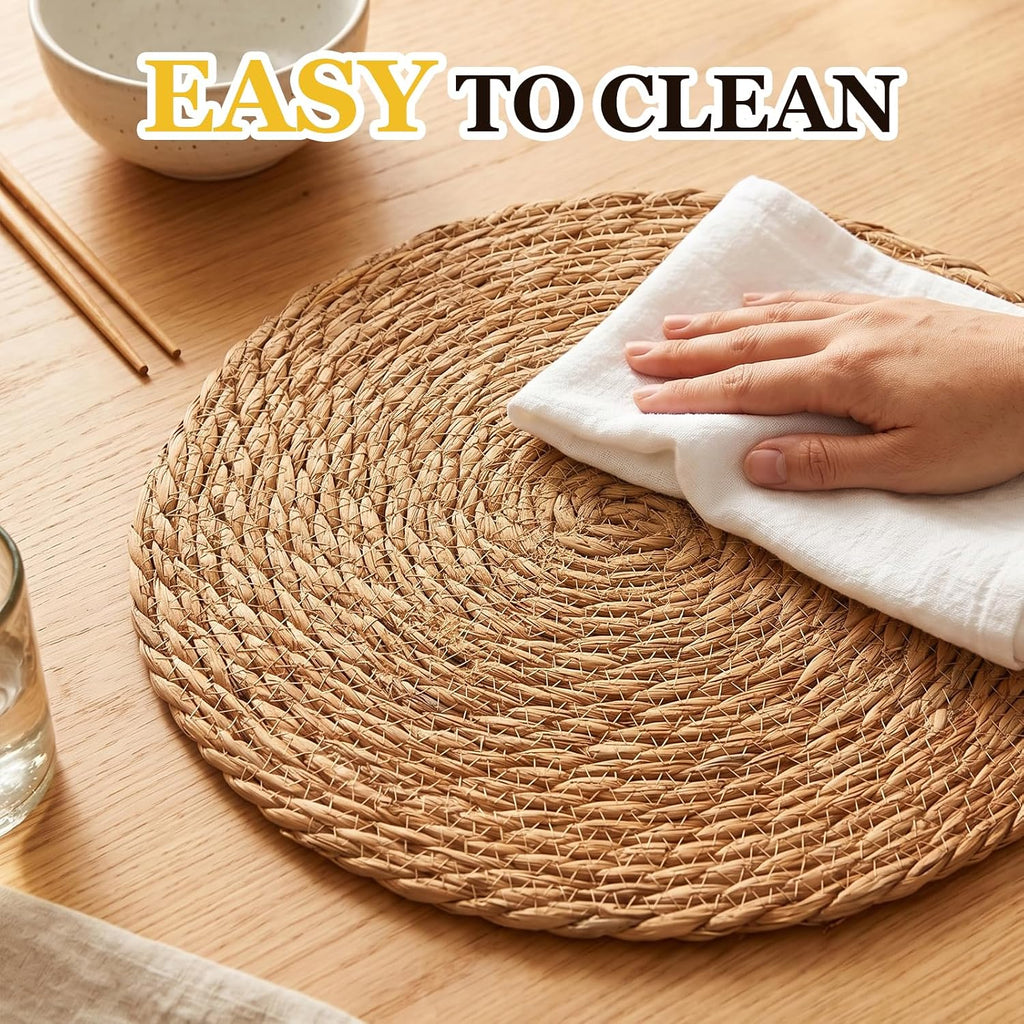 12 Pcs Round Woven Placemats - Yedoler 13 in Farmhouse Boho Straw Heat Resistant Outdoor Patio Rattan Wicker Table Mats, Natural Water Hyacinth Place Mats Coasters for Dining Table,Home,Wedding