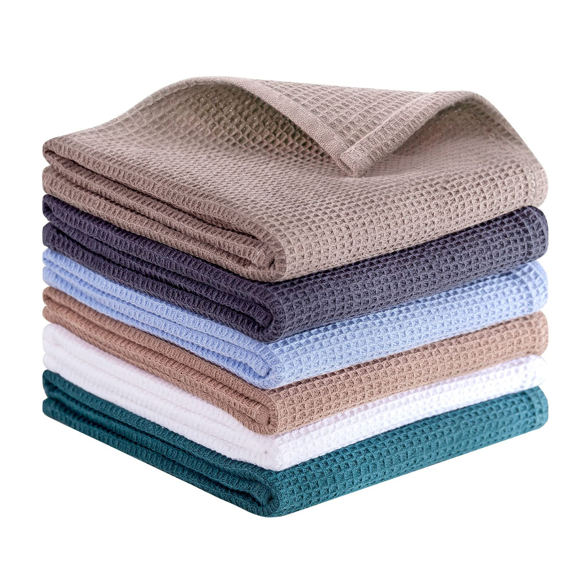 QUILTINA Dish Towels Set, 100% Cotton Waffle Weave Kitchen Towels 6 Pack, 17 x 25 Inches, Super Absorbent for Drying and Cleaning, Beige, Brown, Dark Grey