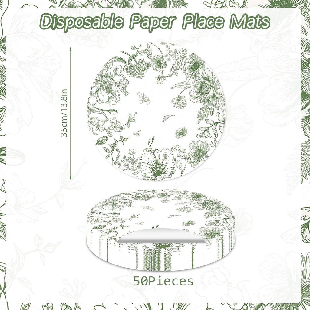 50 Pack Paper Placemats Disposable Green Floral Placemats 13.7 Inch Vintage Sage Green Flower Place Mats Chinoiserie Round Table Mats for Dinner Table Setting Birthday Wedding Party Supplies