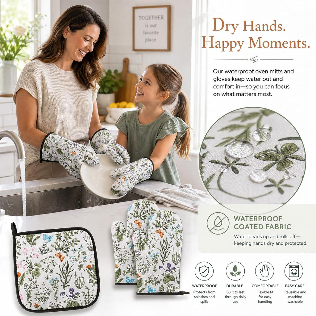 Zhehao 12 Pack Vintage Floral Oven Mitts and Pot Holders, 6 Pcs Non-Slip Heat Resistant Kitchen Oven Gloves, 6 Pcs Cute Botanic Wild Flowers Pads for Cooking Baking Grilling BBQ
