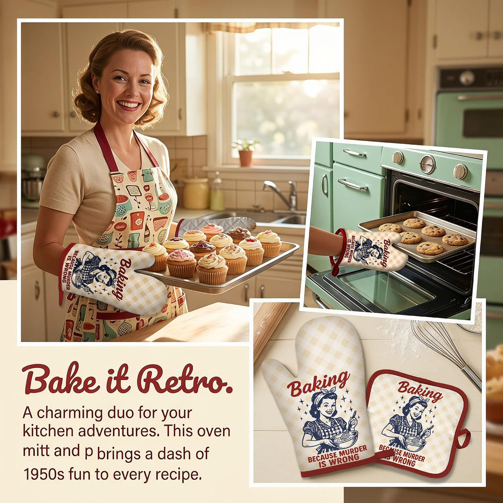 Funny Oven Mitts and Pot Holders Set, Baking Because Murder Cooking Mitts