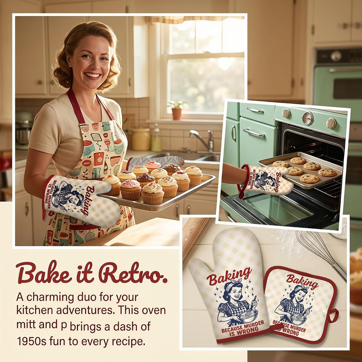 Funny Oven Mitts and Pot Holders Set, Baking Because Murder Cooking Mitts
