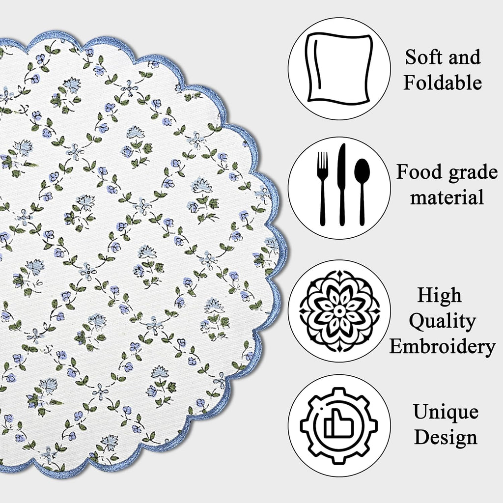 Ridhi Floral Block Print Round Placemats 15" in, Set of 4, Powder Blue