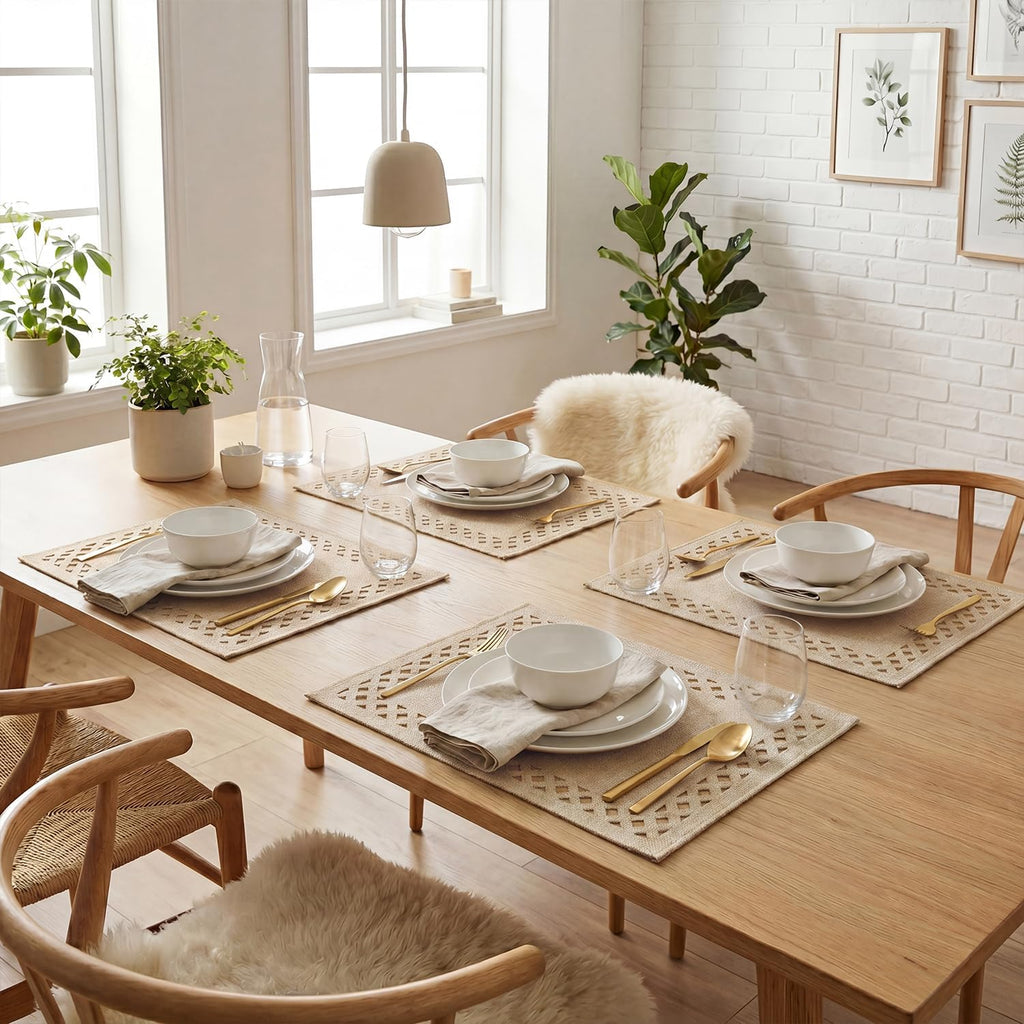 Artoid Mode Farmhouse Placemats Set of 6, Linen Textured Lattice Cutwork Fall Place Mats for Kitchen Dining Table Decor and Outdoor Party, 12 x 18 Inchs, Light Brown